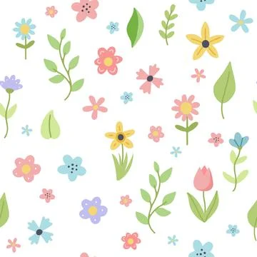 Easter spring pattern with cute flowers and leaves. Hand drawn flat cartoon Stockillustratie