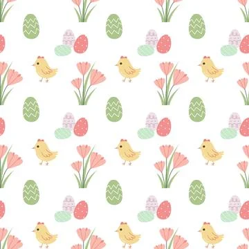 Easter spring seamless pattern vector. Cute flat chick, tulip and decorated egg Stockillustratie