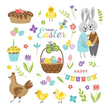 Easter spring set. Cute Easter bunny, eggs, chick, butterfly, cake, bee, flower Stock Illustration