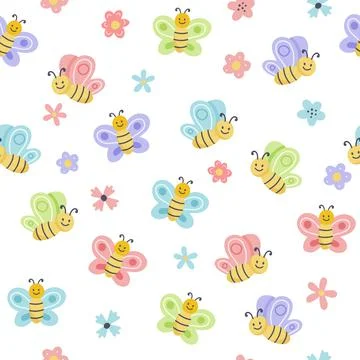 Easter spring set with cute eggs, birds, bees, butterflies. Hand drawn flat Illustration