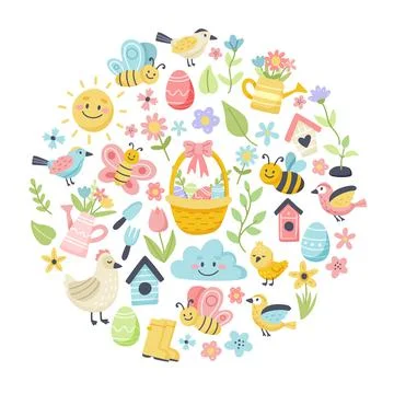 Easter spring set with cute eggs, birds, bees, butterflies. Hand drawn flat Stock-Illustration