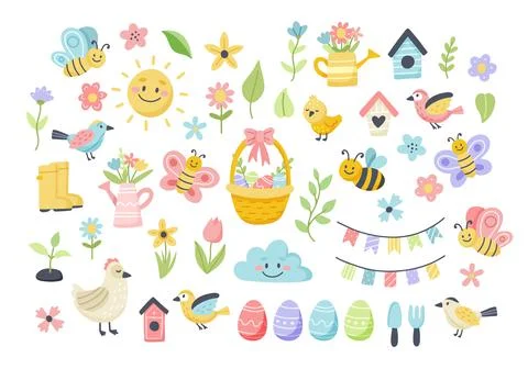 Easter spring set with cute eggs, birds, bees, butterflies. Hand drawn flat Stock Illustration