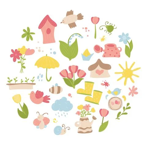 Easter spring set with cute flowers eggs, birds, bees, cloud, umbrella. bu イラスト素材