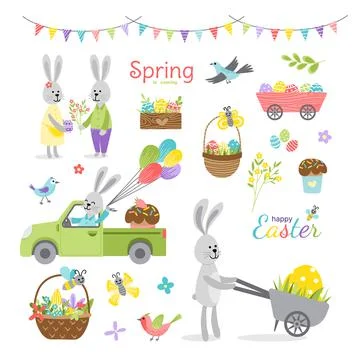 Easter spring set. Eggs, bunny, flags, birds, flowers, balloon, cake. Flat 库存插图