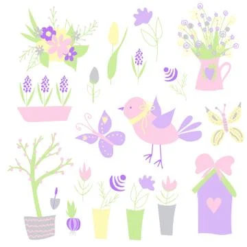 Easter. Spring stickers. Happy easter. Elements for creating postcards. Bird, イラスト素材