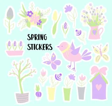 Easter. Spring stickers. Happy easter. Elements for creating postcards. Bird, Illustrazione stock