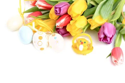 Easter spring tulips background chicken colored eggs Stock Photos