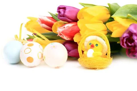 Easter spring tulips background chicken colored eggs Stock Photos