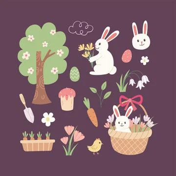 Easter spring vector element set. Cute flat bunny, chick, egg, flower and carrot Stock Illustration