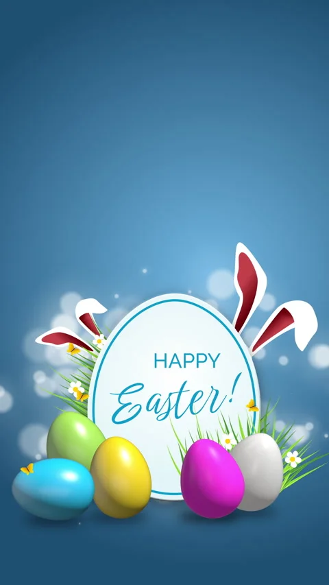 Easter sticker animation with rabbit ears and colored eggs on a blue background Video stock 268829236