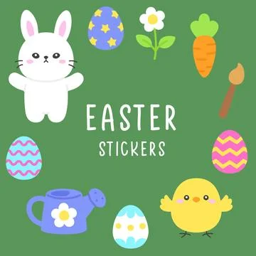 Easter Sticker Collection Featuring Bunny, Chicks, Decorated Eggs, and Spri.. Stock Illustration