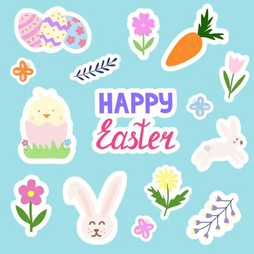 Easter sticker pack with colourful eggs, chick, bunny, butterfly, flowers and Stock Illustration