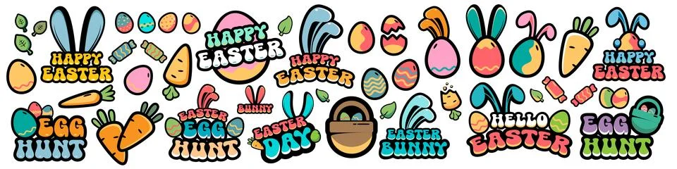 Easter sticker set with cute eggs, bunny ears and carrots. Colorful groovy 스톡 일러스트
