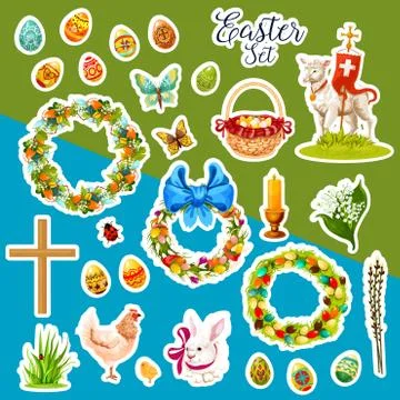Easter sticker set with spring holiday symbols Stock Illustration