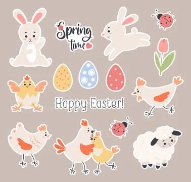 Easter stickers. Collection cute paschal animals, bunny, chick, poultry, sh.. イラスト素材