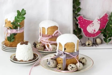Easter still life with Easter cake kulich, paskha and painted eggs on a light Stock Photos