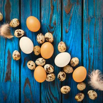 Easter Still life easter eggs blue wooden background. Stock Photos