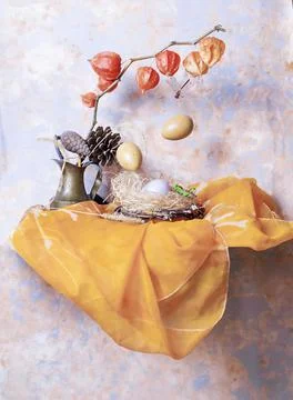 Easter still life with flying objects, selective focus Stock Photos