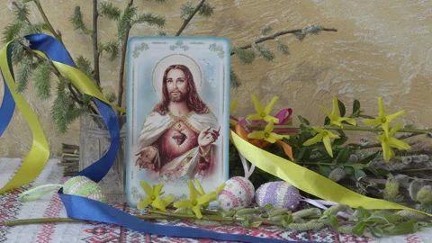 Easter Still Life with Religious Icon, Painted Eggs and Pussy Willow Stock Footage 339934336