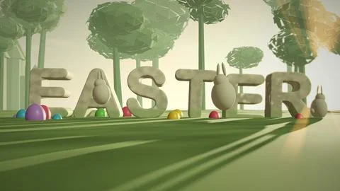 Easter Stone 3D Text in a Spring Meadow for Easter Stock Illustration