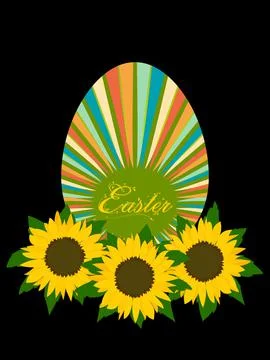 Easter striped egg with sunflowers bed on black Stock Illustration
