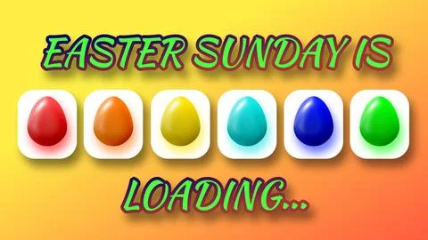 Easter Sunday is loading with different colour eggs on yellow and orenge gr.. Ilustración de archivo