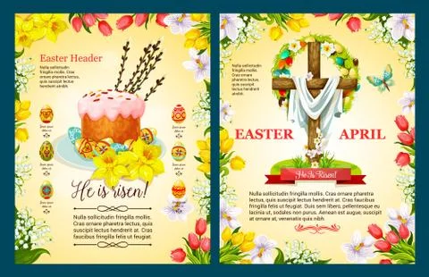 Easter Sunday poster template of egg, cake, cross Stock Illustration