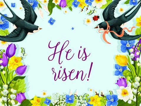 Easter swallows in flower wreath vector greeting Stock Illustration