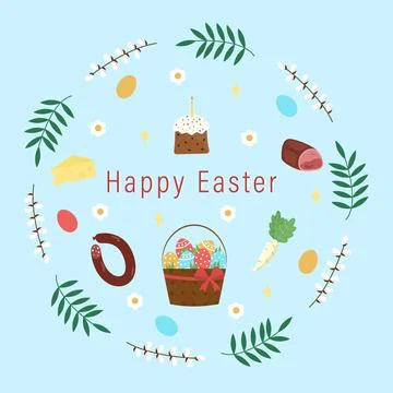 Easter symbols basket with eggs, cake, sausage, ham, cheese, horseradish Stock Illustration
