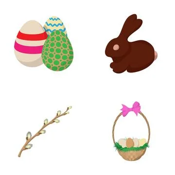 Easter symbols featuring eggs, bunny, basket, and pussy willow Stock Illustration