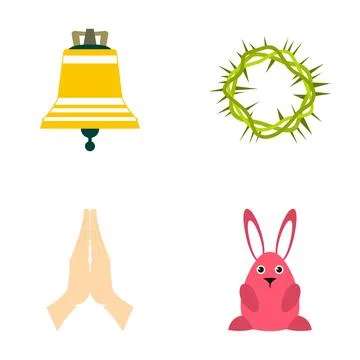 Easter symbols set with bell, crown, praying hands, rabbit Stock Illustration