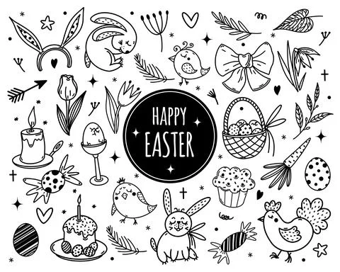 Easter symbols vector set. Hand drawn doodles isolated on white backdrop Stock Illustration