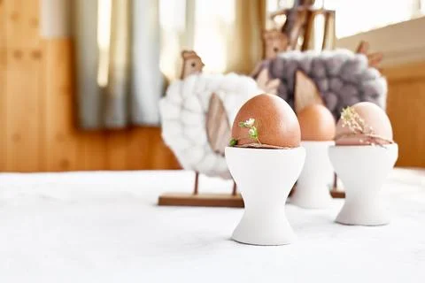 Easter table composition with brown eggs in white ceramic egg cups and wood.. Stock Photos