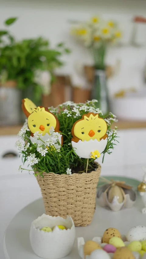 Easter table with cute cookies in form of chickens, which are in basket with Stock Footage 275336949