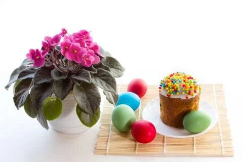 Easter table with dyed eggs. Stock Photos
