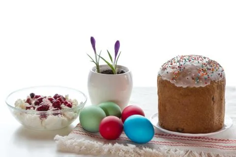 Easter table with dyed eggs. Stock Photos
