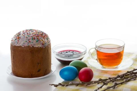 Easter table with dyed eggs. Stock Photos