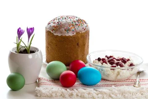 Easter table with dyed eggs. Stock Photos