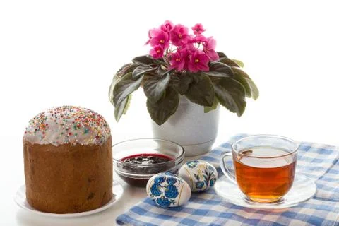 Easter table with dyed eggs. Stock Photos