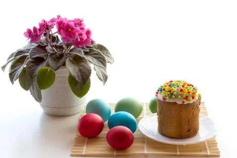 Easter table with dyed eggs. Stock Photos