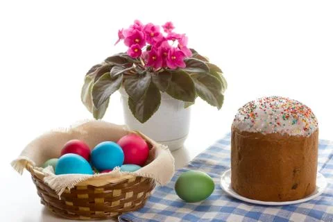 Easter table with dyed eggs. Stock Photos
