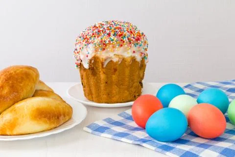 Easter table with dyed eggs Stock Photos