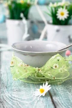 Easter table place setting. Easter table in a rustic vintage style. Stock Photos