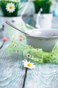 Easter table place setting. Easter table in a rustic vintage style. Stock Photos