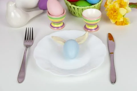 Easter table setting and dinner  festive decorations Stock Photos