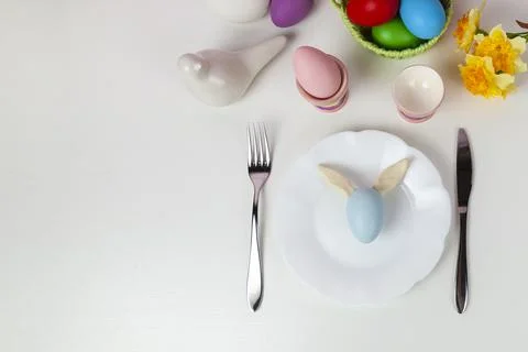 Easter table setting and dinner  festive decorations Stock Photos