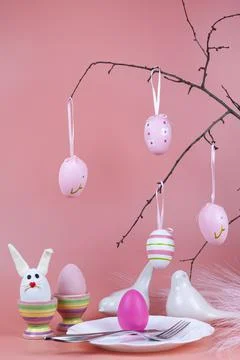 Easter table setting and dinner with  festive decorations Stock Photos