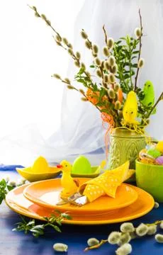 Easter table setting bunch willow catkins Stock Photos