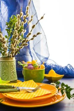Easter table setting bunch willow catkins Stock Photos