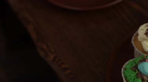 Easter table setting. Cakes. Pancake. Easter. Beautiful table. Easter egg. Sweet Stock Footage 64816403